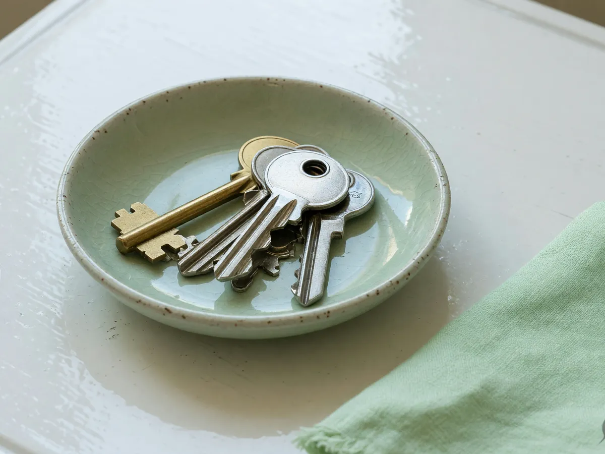 Ceramic dish of unbranded keys on a pale desk beside mint linen