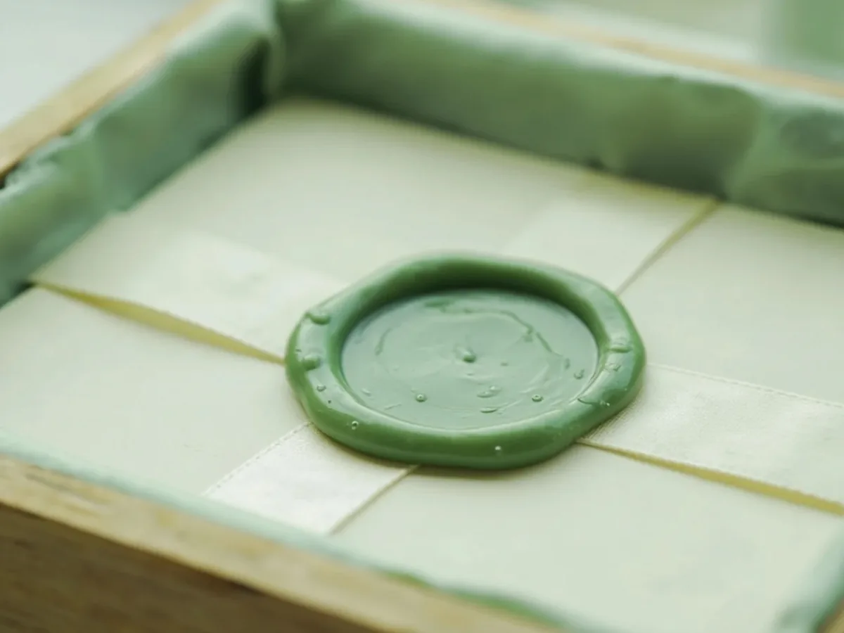 Blank wax seal on a cotton ribbon in a wooden tray