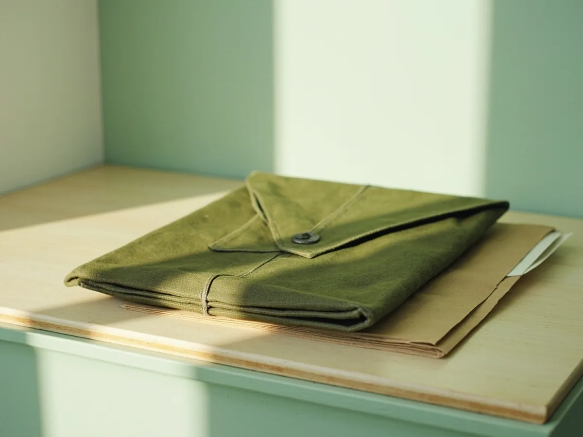 Cloth document sleeve face-down beside a closed folder on a pale desk
