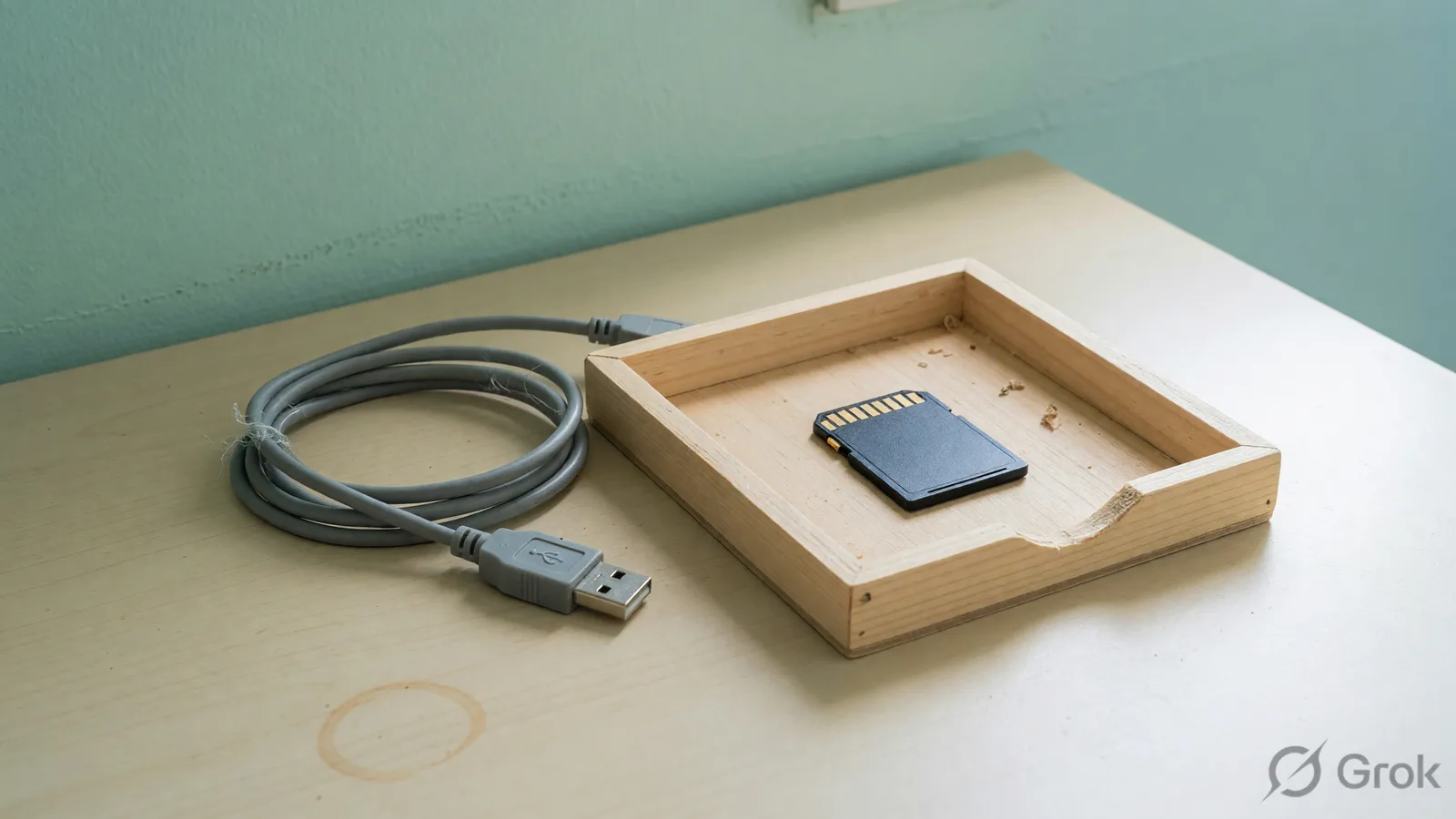 Blank memory card on a small wooden tray beside an unplugged cable