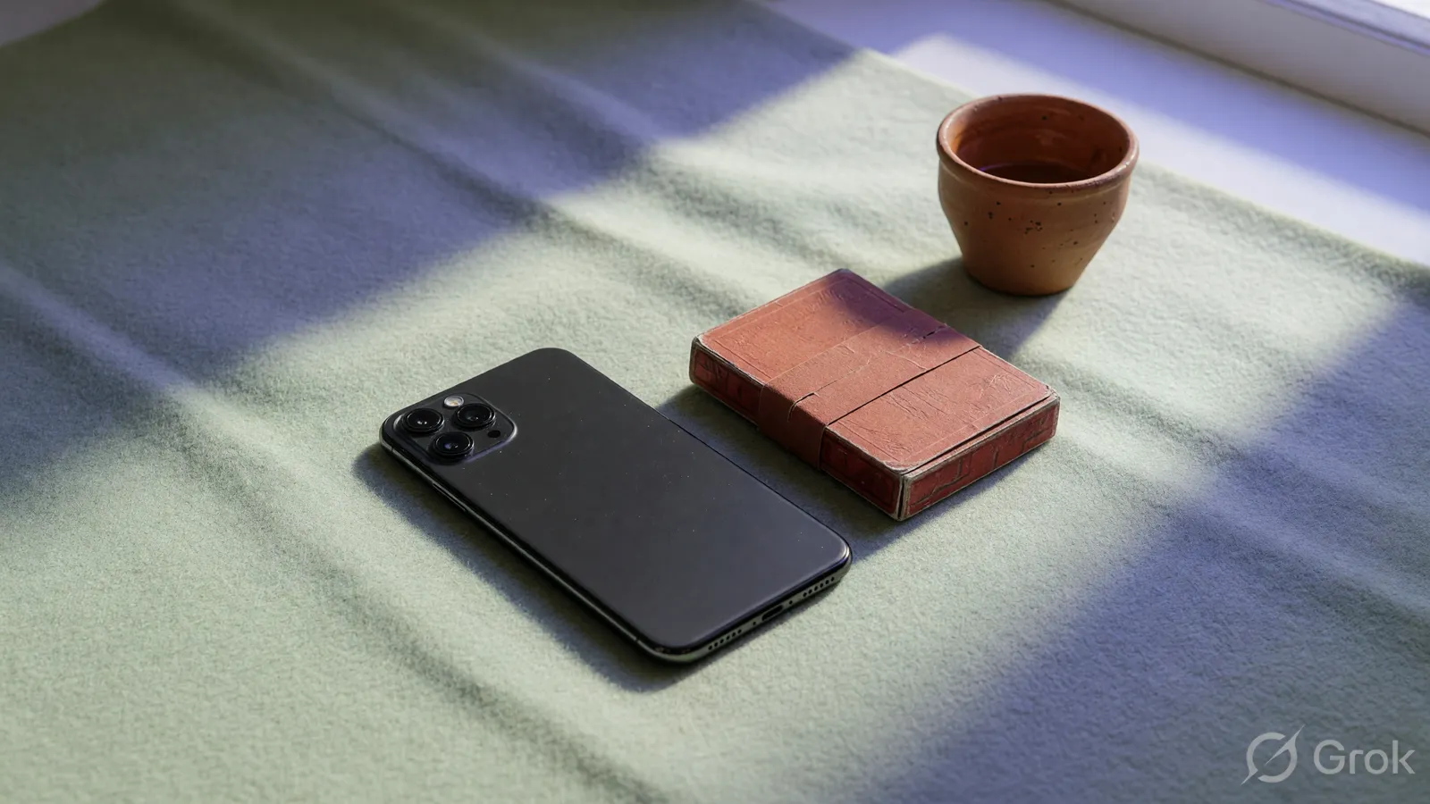 Unbranded face-down smartphone on pale sage felt beside a card packet