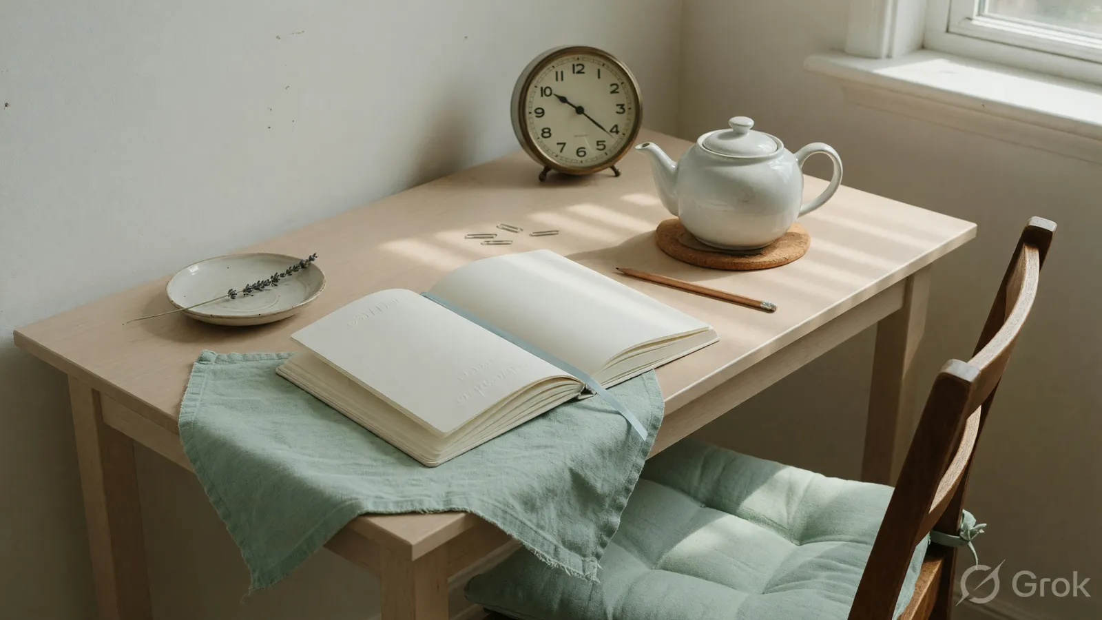 Open blank notebook, analog clock, teapot and pushed-back chair in afternoon light