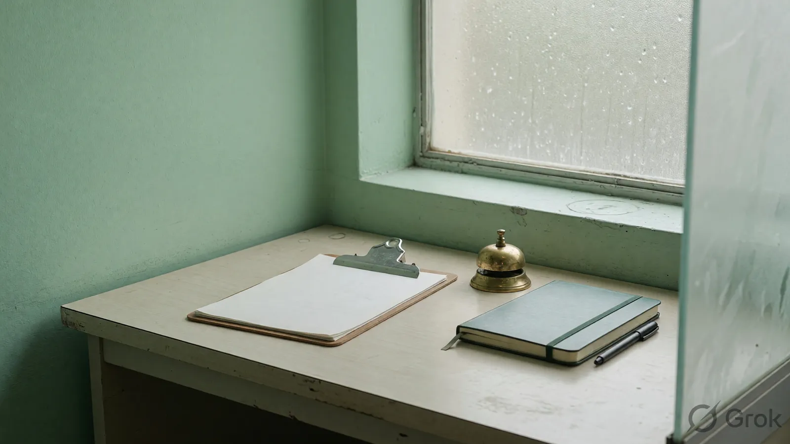 Small care desk with a blank clipboard, brass bell and closed notebook