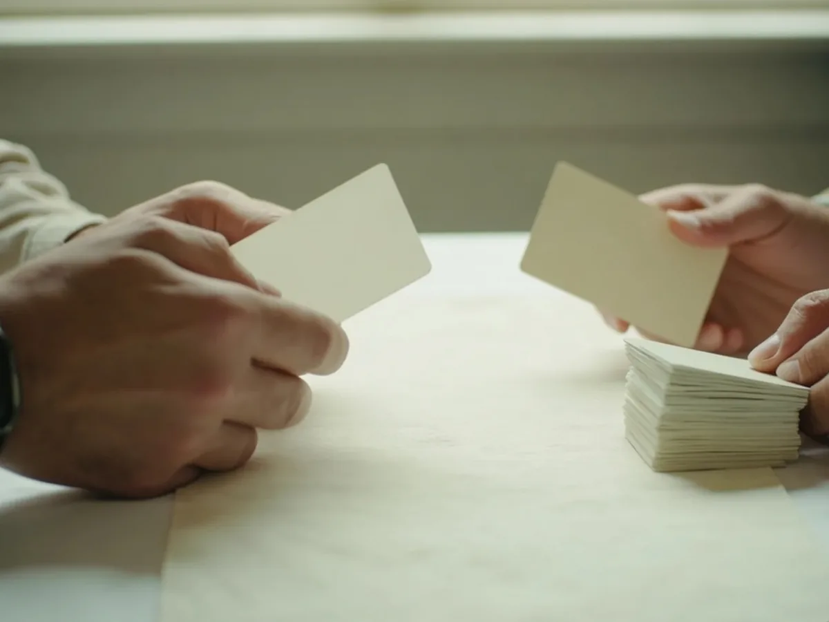 Two adult hands holding compact face-down packets across a small table