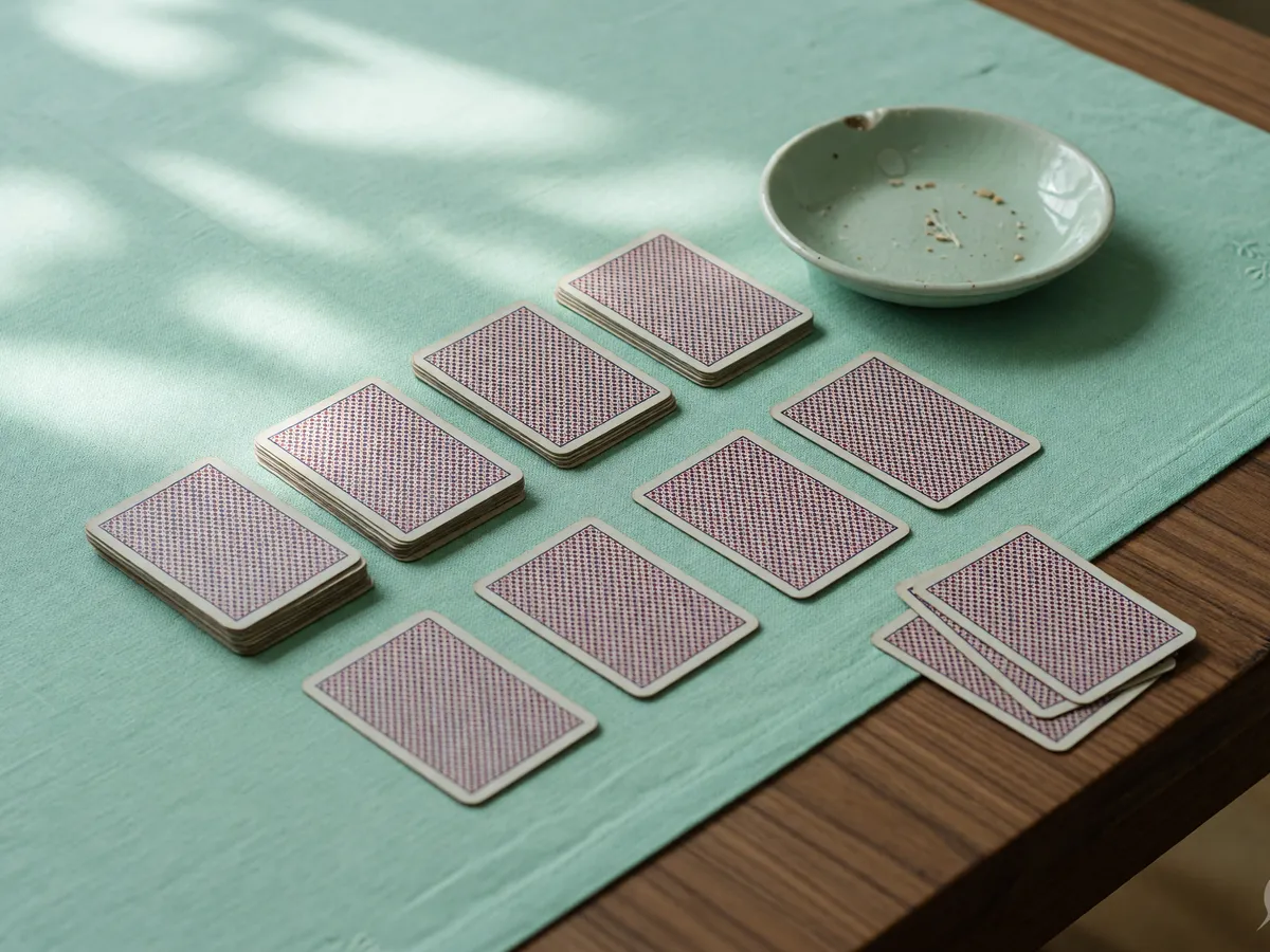 Diagonal finished layout of face-down packets with a small empty ceramic dish