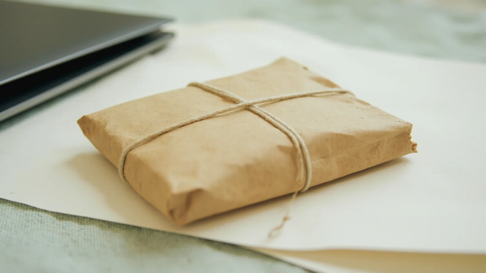 Sealed blank kraft mailer with cotton string beside a closed laptop