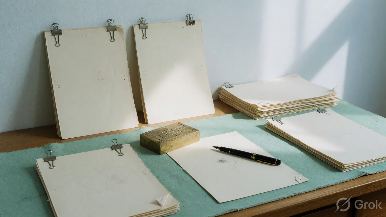 Stacks of blank cream sheets with metal clips on a mint runner