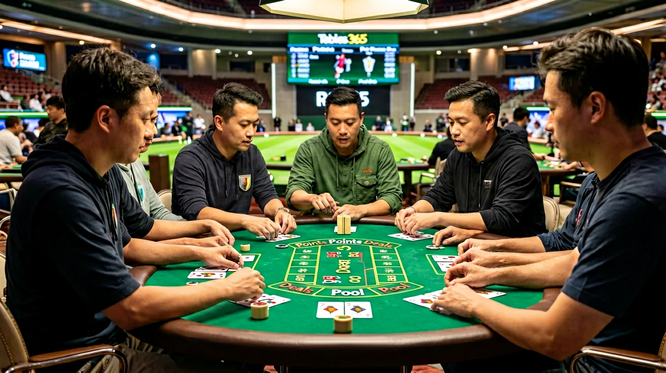 Three adult hands around a long rummy cloth with separated scoring stations and a token bowl