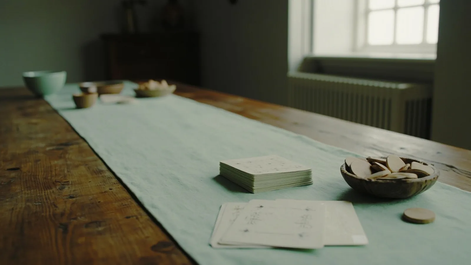 Long work table with three informal stations: ceramic dishes, opposite packets and a walnut token bowl