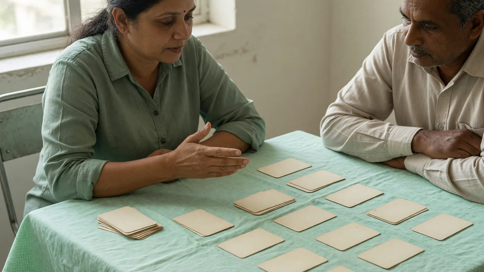 Two adult players at a bright lesson desk, one indicating a face-down layout