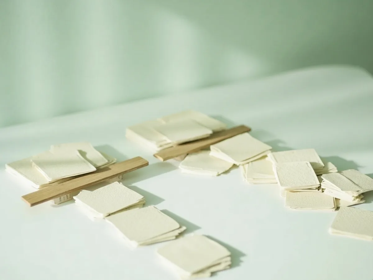 Face-down packets grouped into two clusters with a wooden spacer