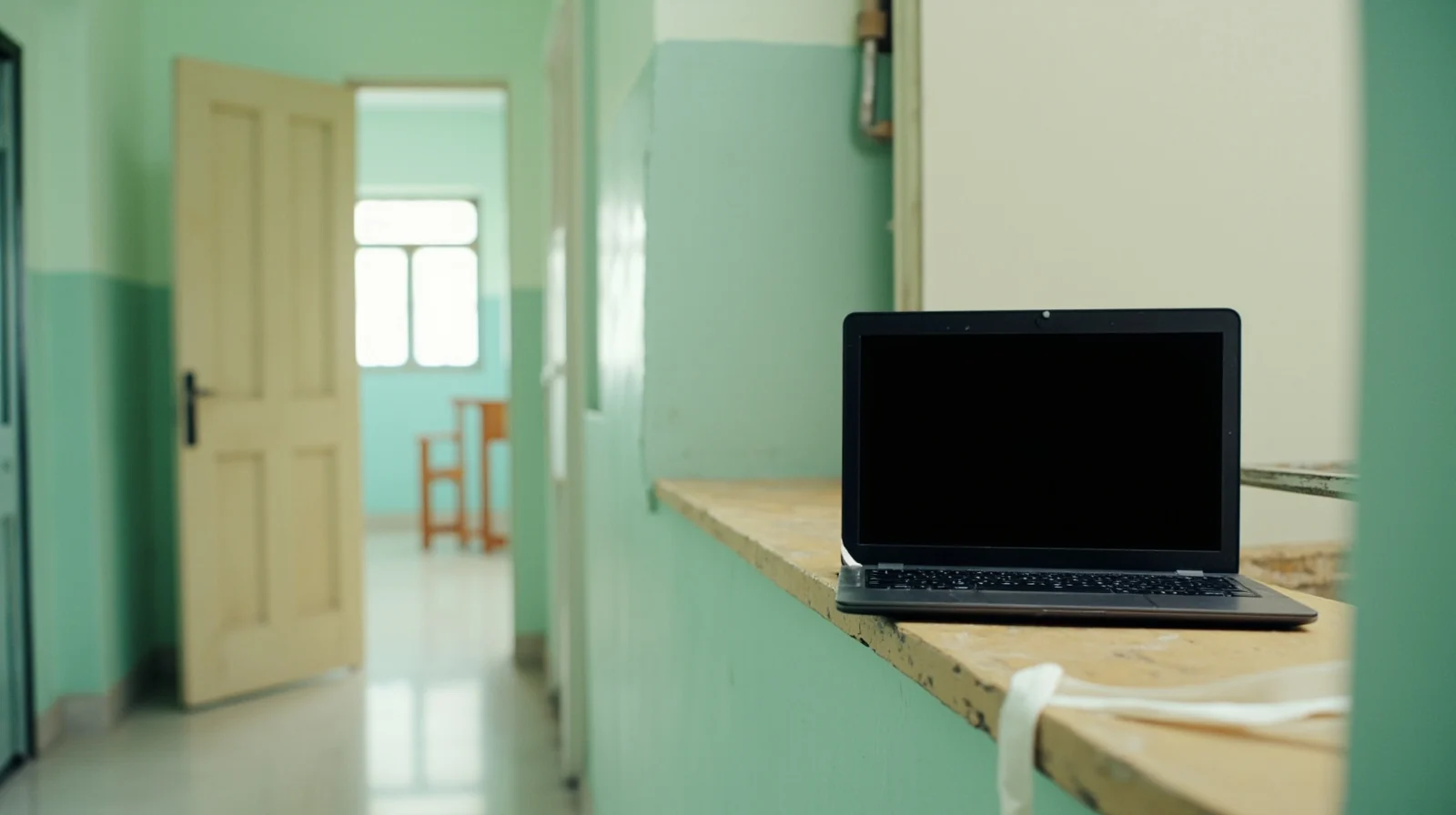 Mint corridor with an open door and a closed laptop on a worn ledge