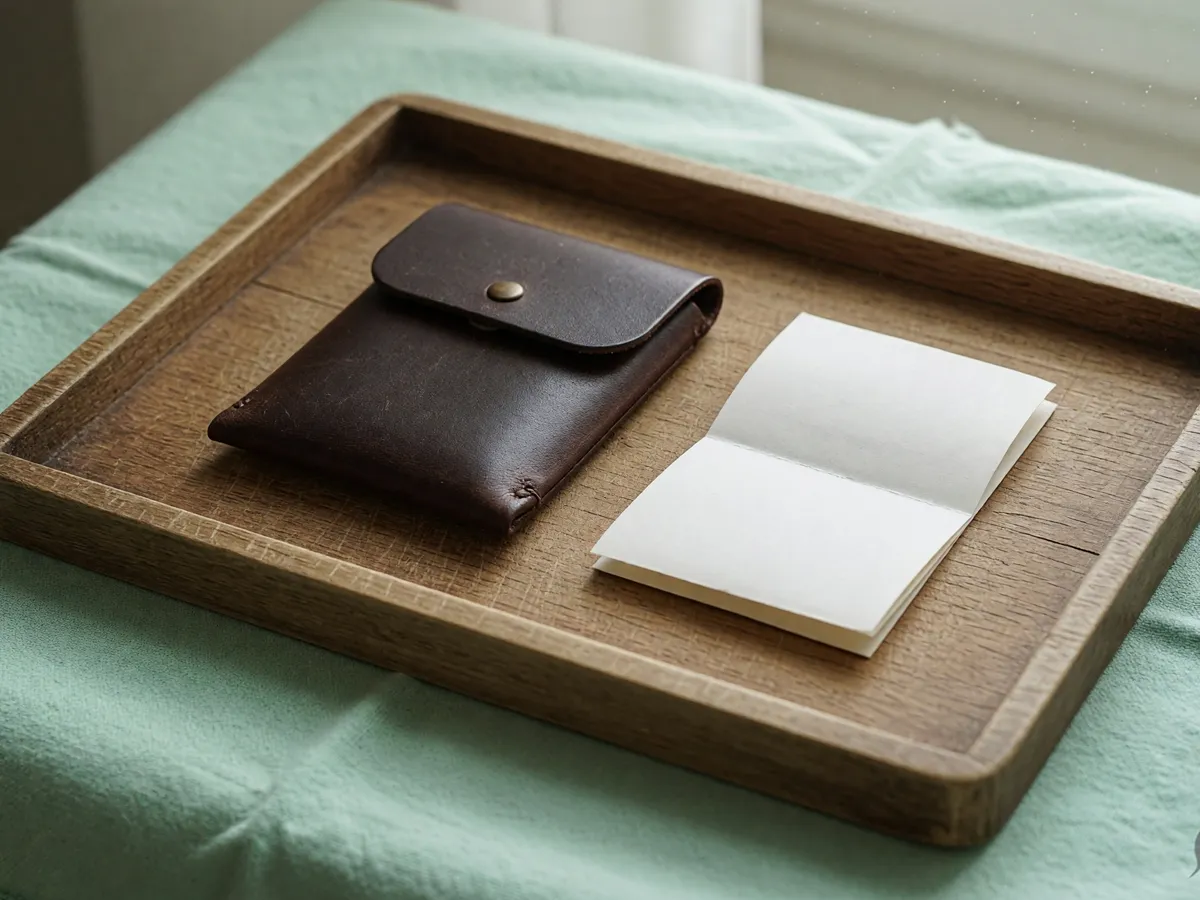 Wooden tray with a closed leather card sleeve and a blank folded receipt