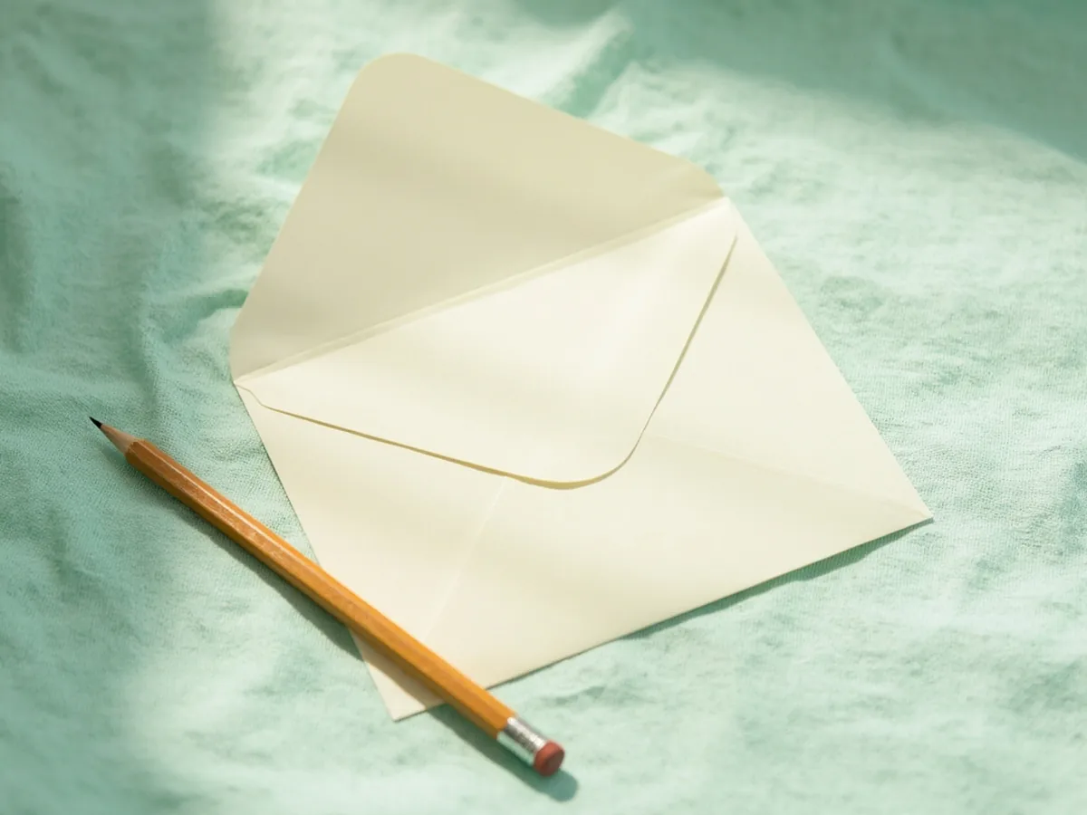 Thick blank cream envelope face-down on mint linen