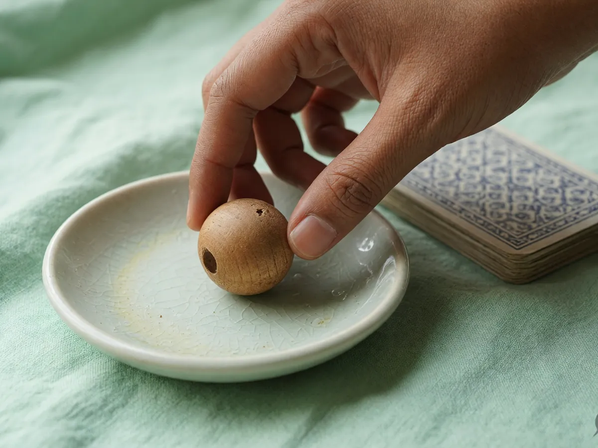 Hand lifting a wooden bead from a cracked celadon dish beside facedown cards