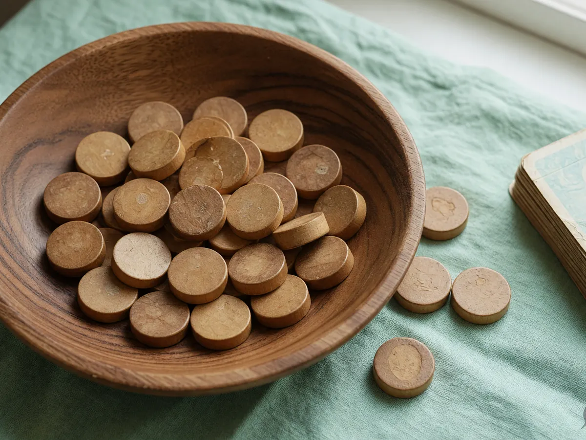 Walnut bowl of wooden tokens beside a face-down card packet