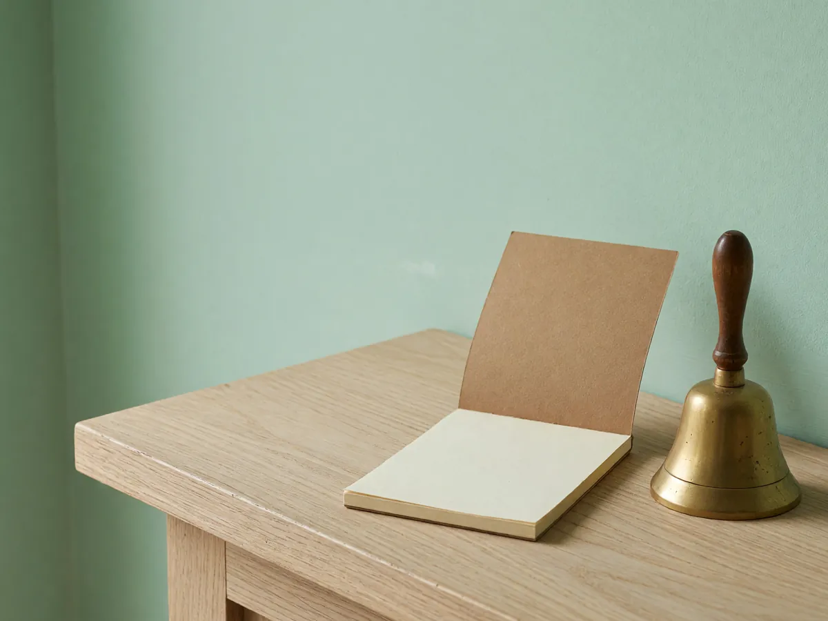 Quiet counter with a blank kraft pad and an unengraved brass bell