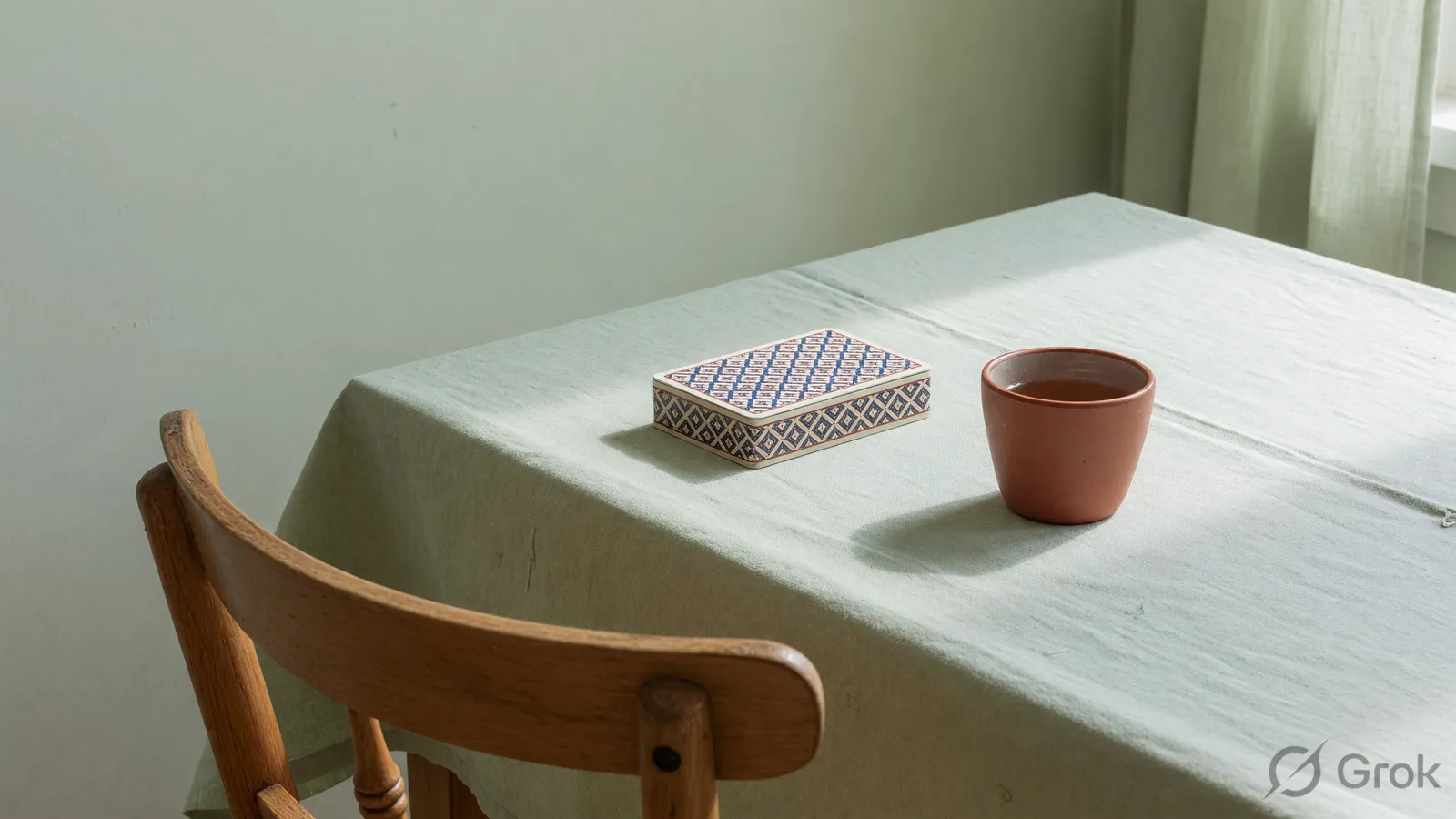 Low angle toward an empty chair, squared deck and terracotta cup