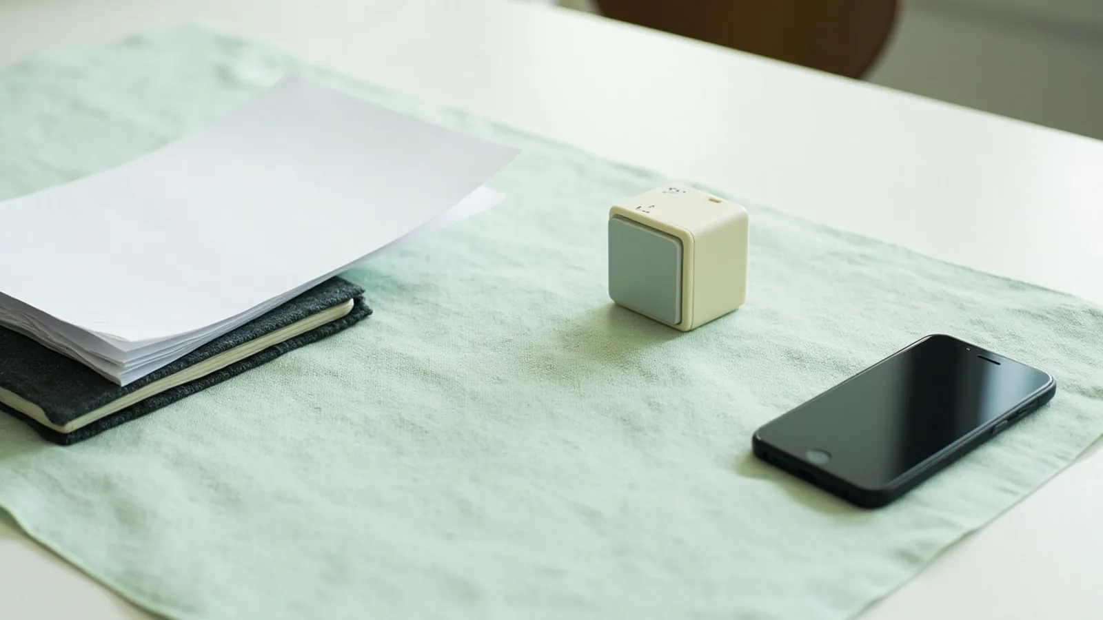 Blank paper stack, analog kitchen timer, closed notebook and a face-down unlit phone