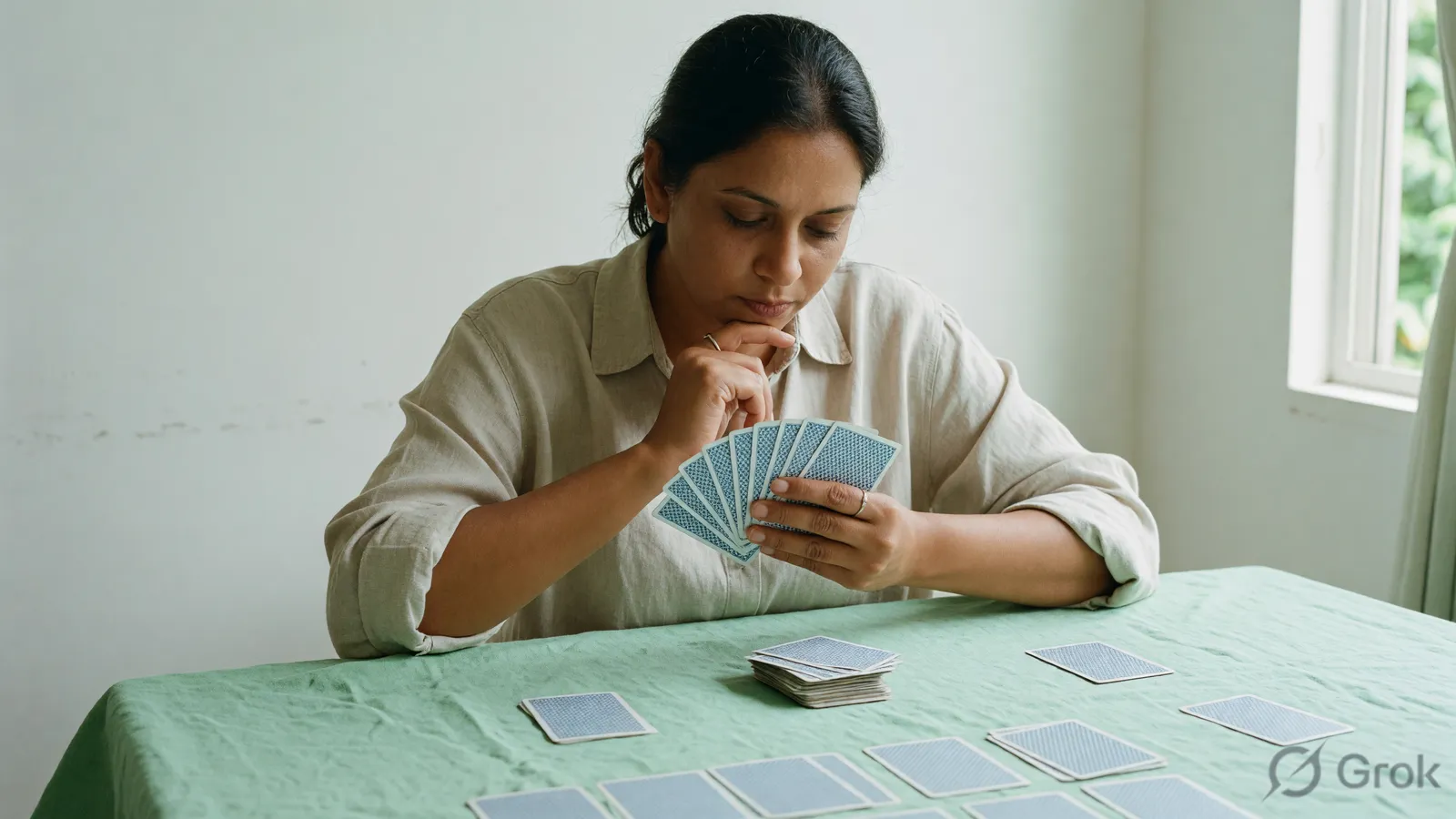Adult player seated at a bright table, cards held close, gaze on the layout