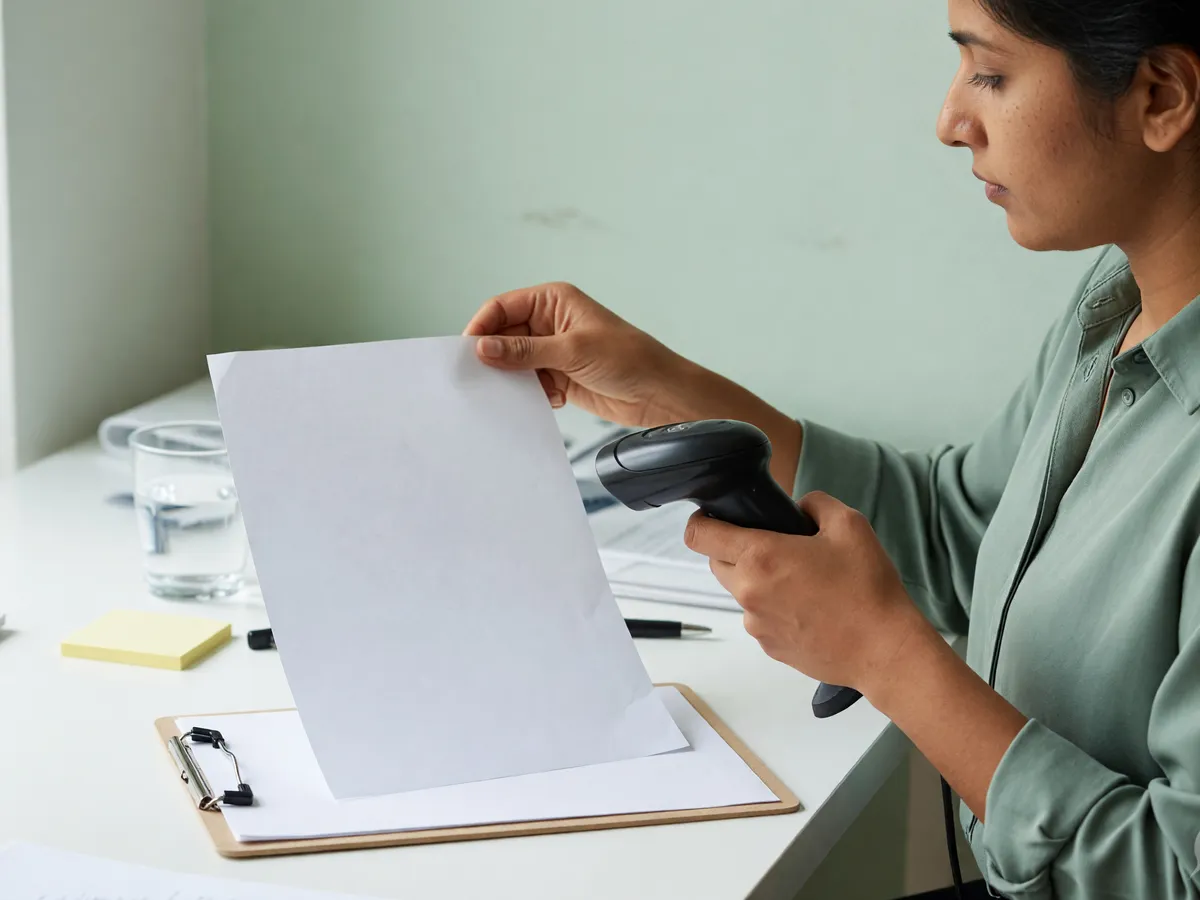 Person scanning a blank clipboard sheet at a bright desk