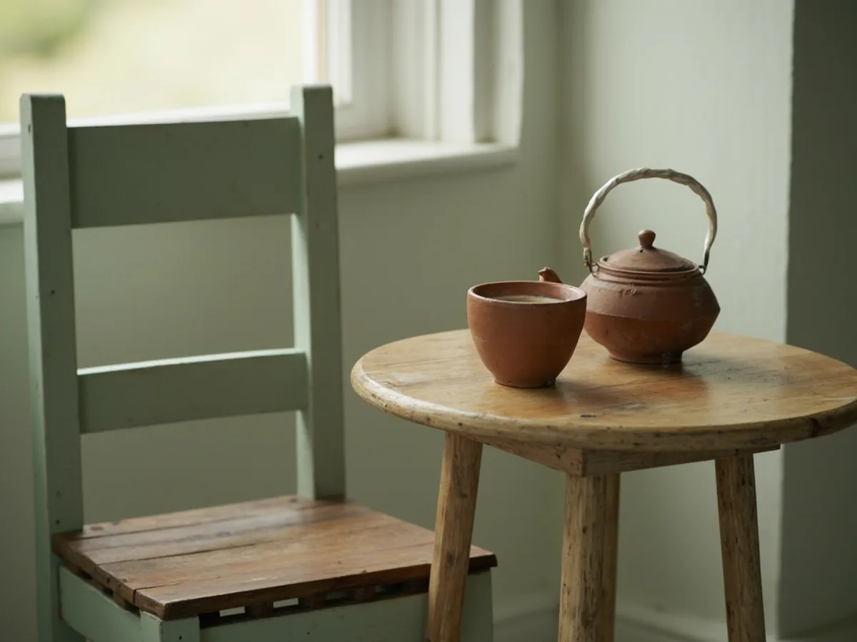 Empty mint chair beside a small wooden tea table and clay pot
