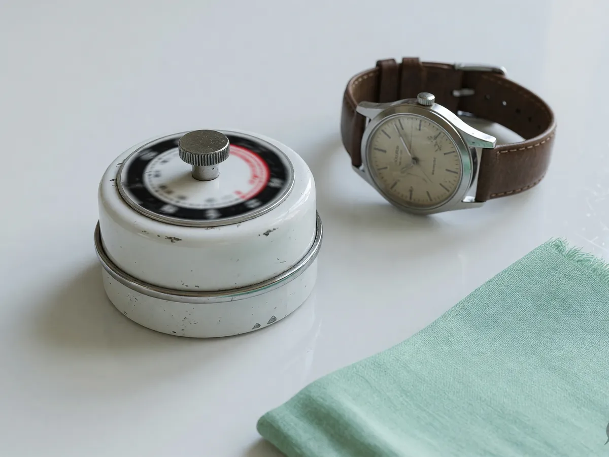 Analog kitchen timer beside a wristwatch on white lacquer