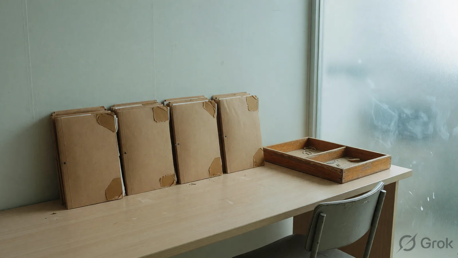Bright corridor desk with closed kraft folders and a wooden tray