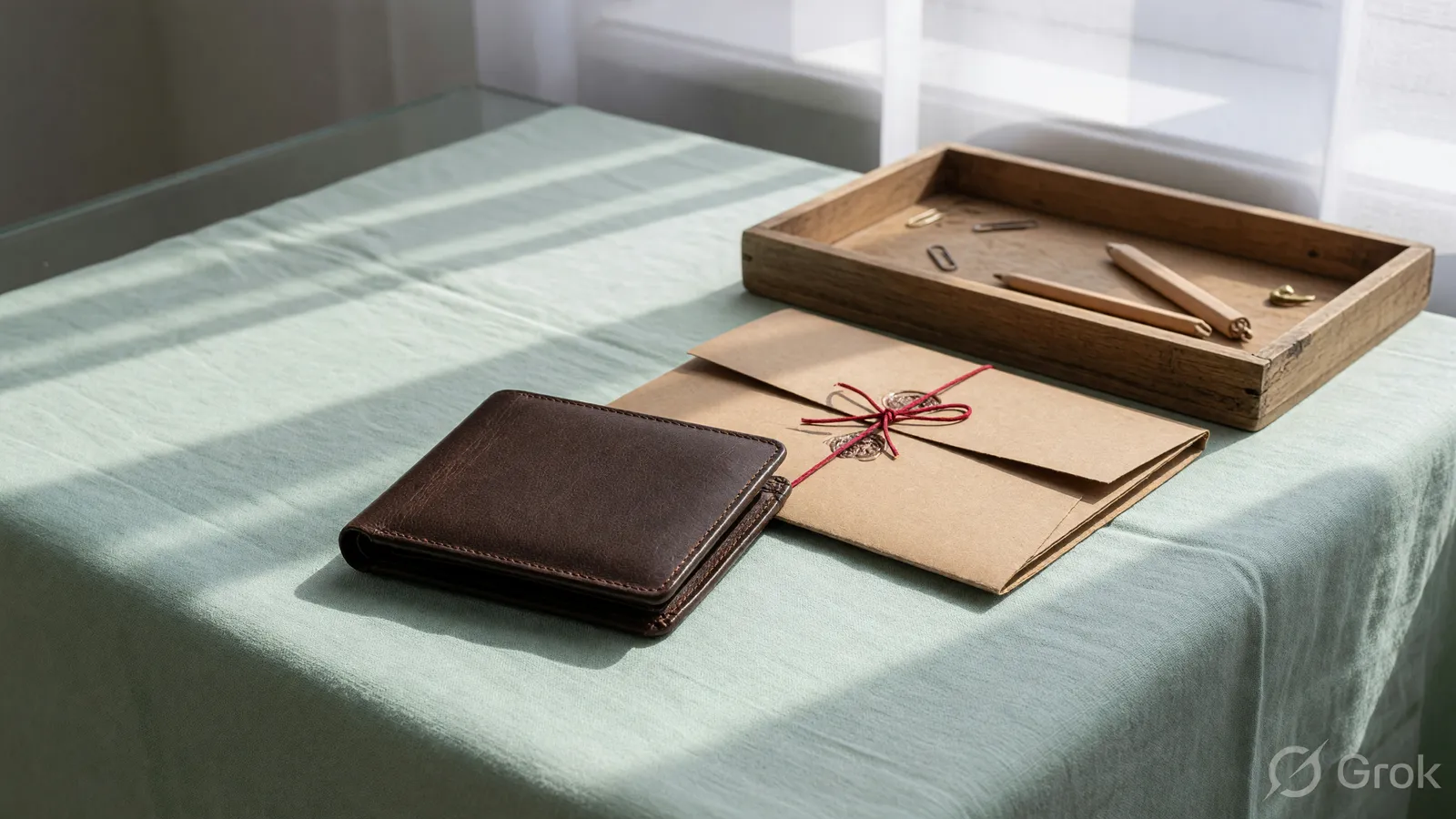 Closed unbranded leather wallet beside a sealed kraft folder and wooden tray