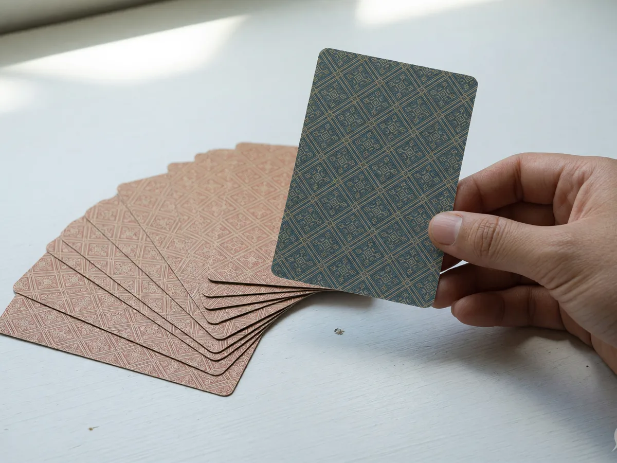 One card held apart from a small fan, patterned backs only